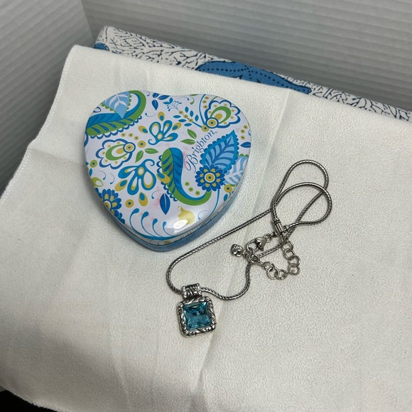 Brighton Regina Necklace Square Blue Crystal Pendant Silver Plated 17" & Tin - Picture 6 of 13